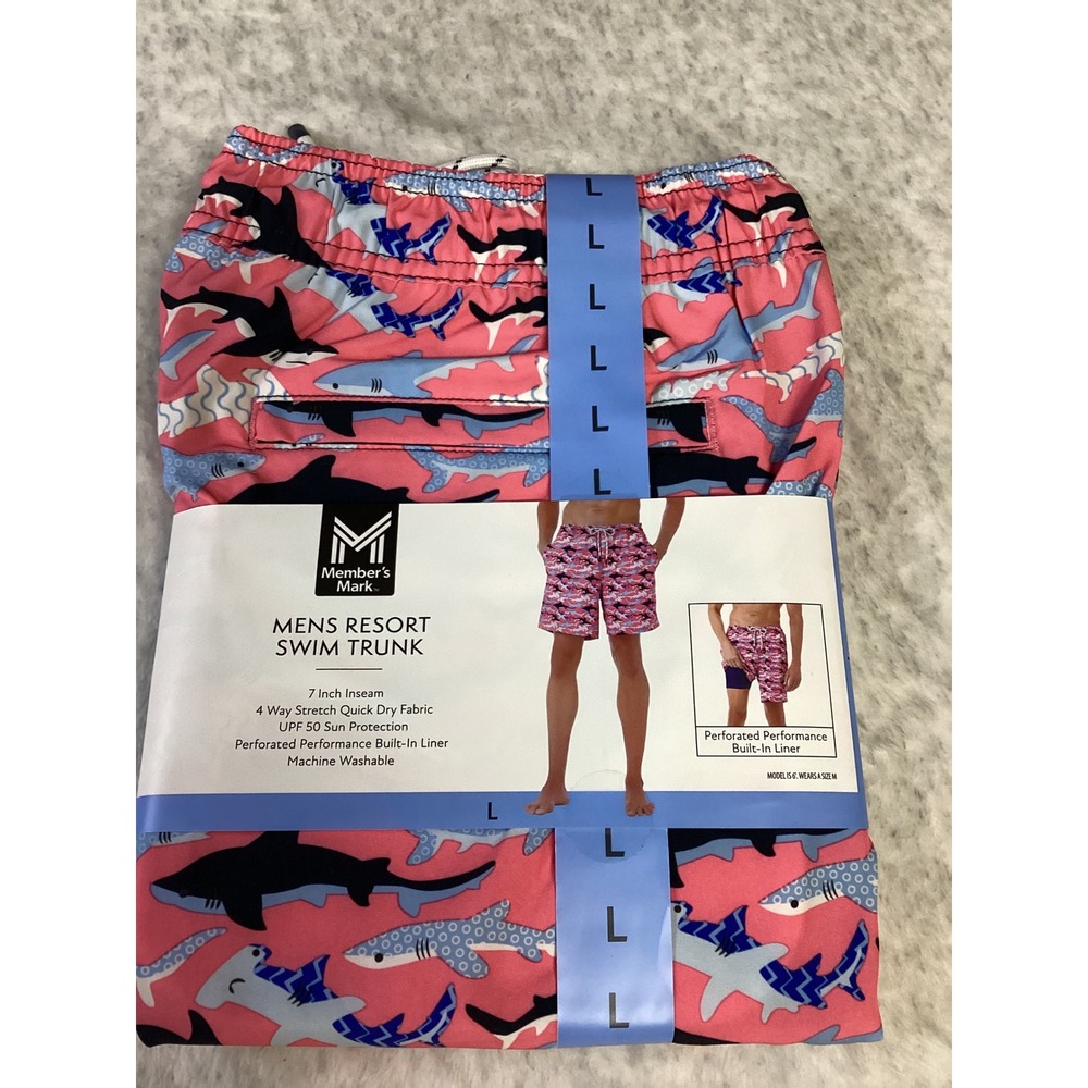 Member's Mark Mens Resort Swim Trunk Pink Shark Print 7 Inch‎ Inseam Size L NEW